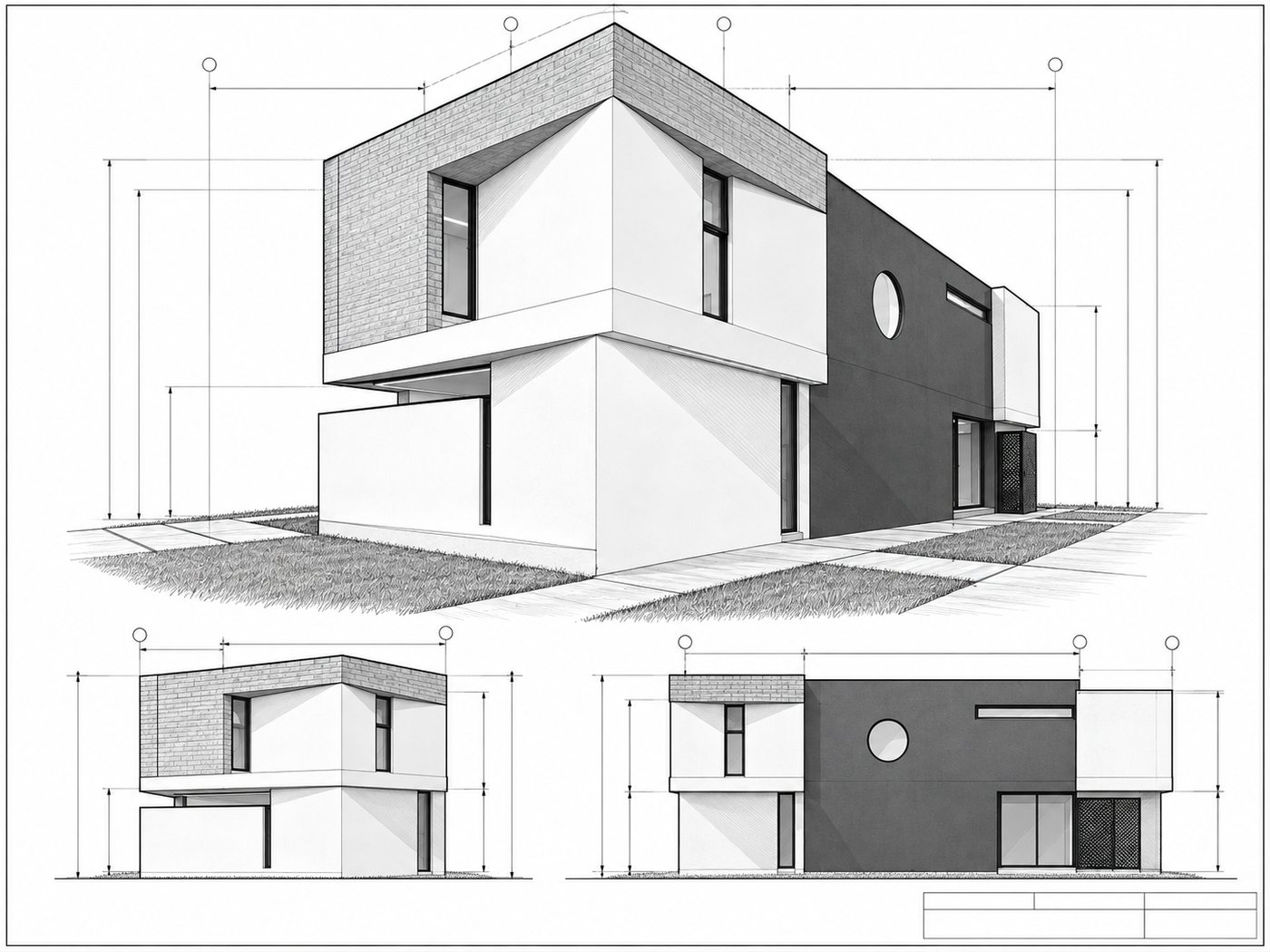 Dibujo de una casa contemporánea en perspectiva, con sus elevaciones